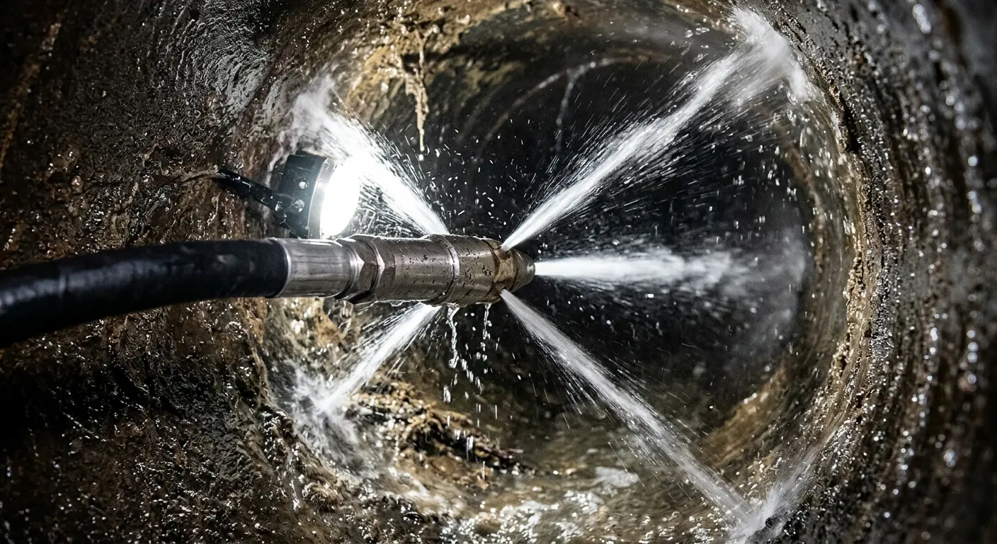 High-pressure hydro jetting nozzle cleaning sewer pipe for Emergency Drain Service in Sharon