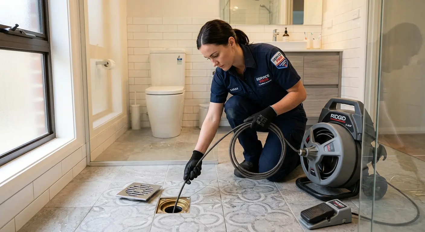 Technician clearing a bathroom floor drain for Drain Repair in Sharon